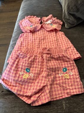 Zara Pink Gingham Girls Matching Set with Embroidered Flowers
